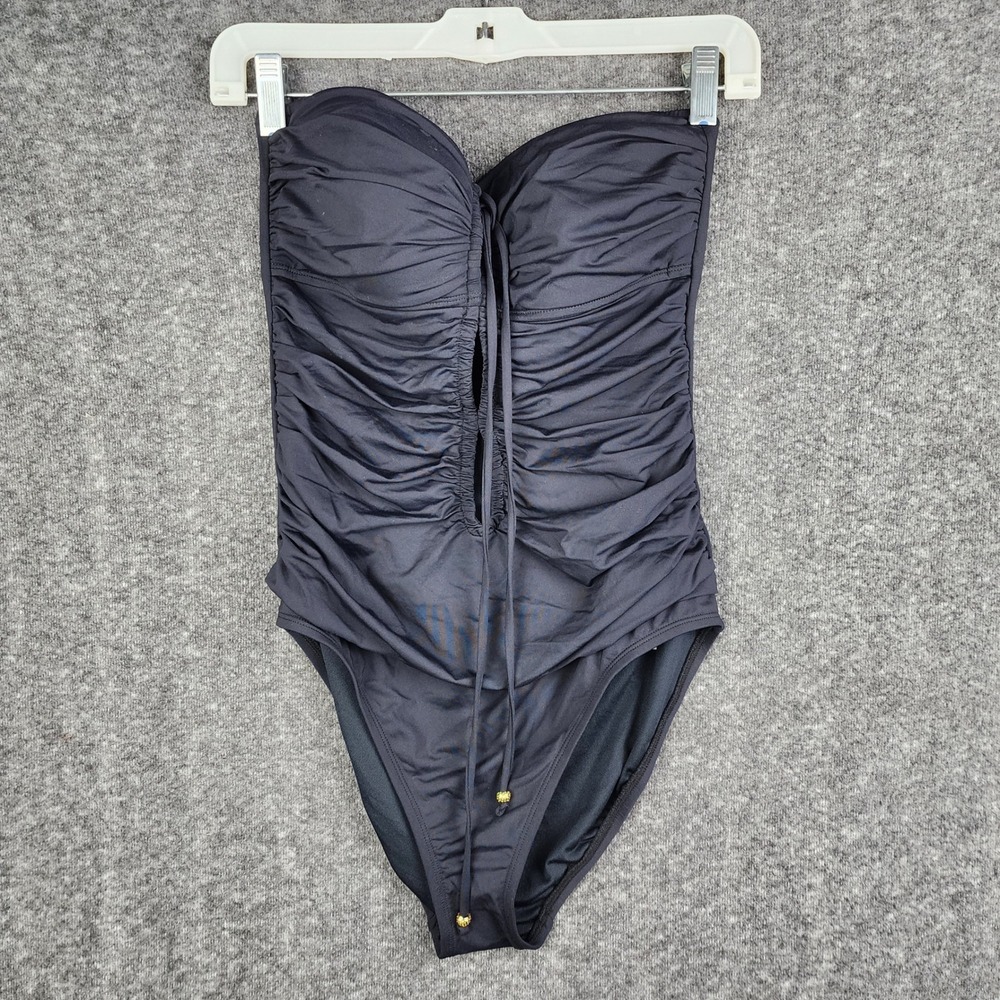 Bleu Rod Beattie One Piece Swimsuit Womens 10 Black Ruched Bandeau Tie Front NWT